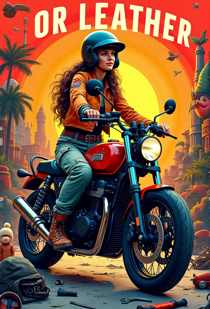 The pop art style is characterized by bold, vibrant colors and patterns, featuring a beautiful woman wearing a flight jacket, cargo pants, boots, helmet and gloves, riding an American cruiser bike, with a camera, sewing machine, fishing tackle, camping equipment, dress-up dolls, motorcycle helmets, leather goods and mechanical tools scattered randomly, against a striking background, a composition reminiscent of a bottle poster, and a psychedelic look. Above her head is written in capital letters "OR LEATHER".