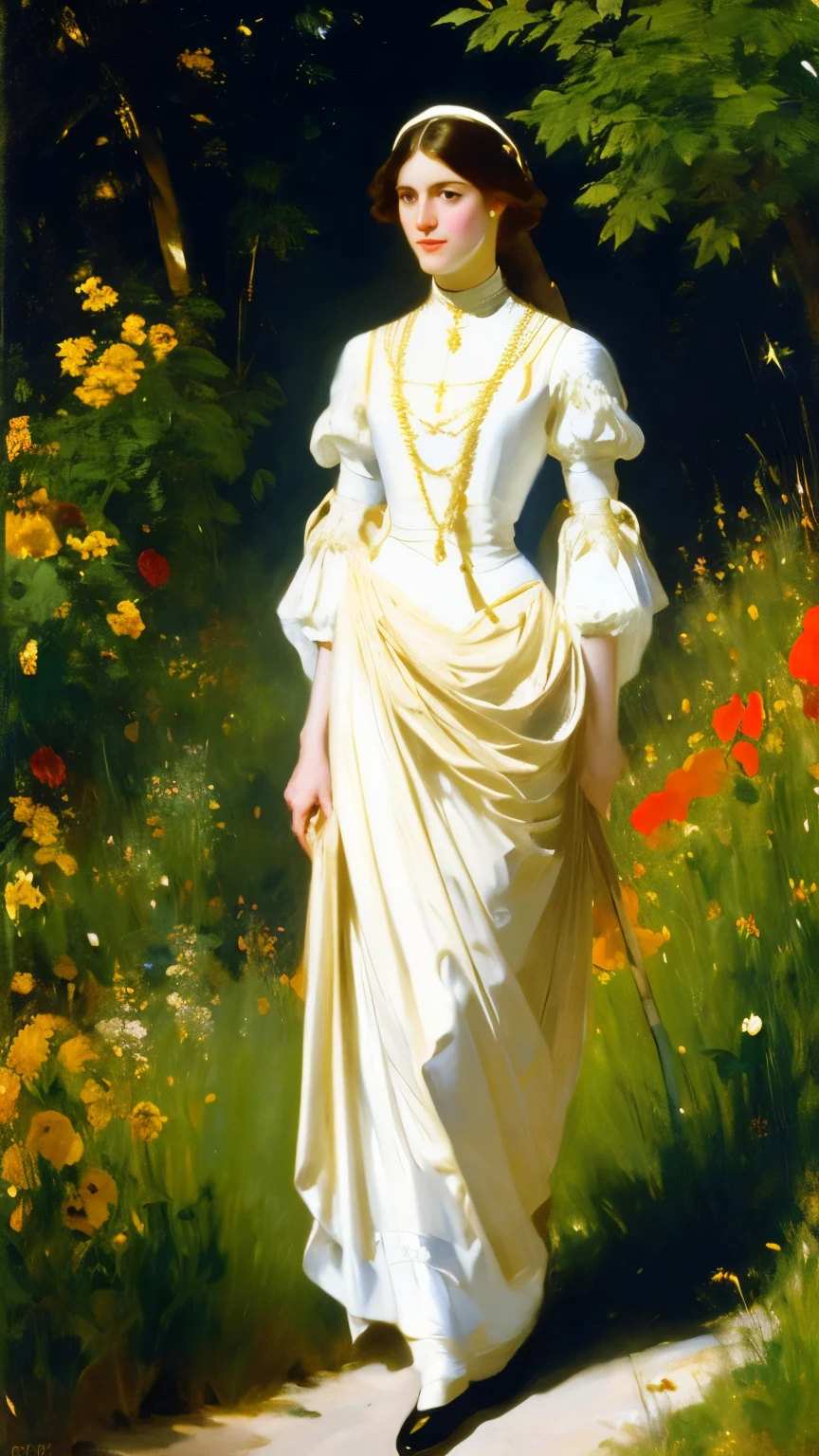 A painting of a woman in a white dress walking through a field of ...