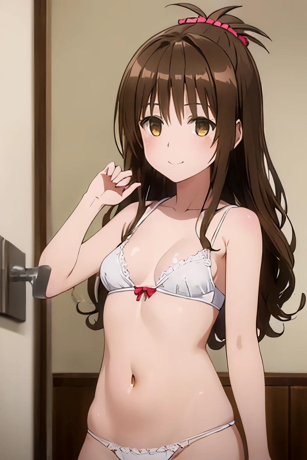 nsfw,(Brown eyes:1.5), Brown Hair, White hair accessory,White hair ornament, hair Scrunchie, Long Hair, white Scrunchie, Scrunchie, smile, small breasts,{Red ribbon,White Bra},White briefs