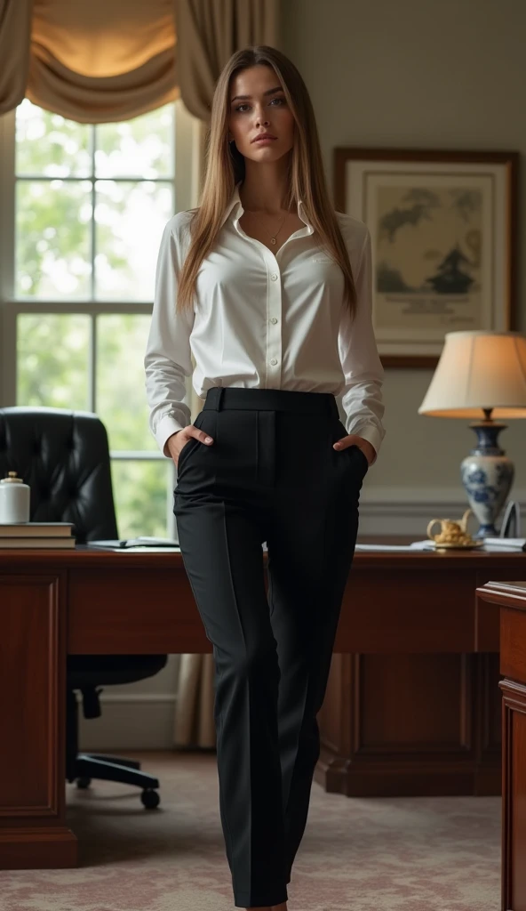 ultra realistic, photography, long black straight hair in a ponytail, elegant hair, (30 years old, hazel eyes, hourglass figure, perfect fit body, natural big breasts), femme fatale, long eyelashes, cat-eye make-up, she is dressed like a NYPD detective, under her trenchcoat her shirt is buttoned up, she is wearing elegant pants and high heels, she is at a homicide scene in an apartment, she is kneeling next to puddle of blood on the floor, she has a notepad in her hand and is taking notes, she is looking at the blood, full body picture, wide angle