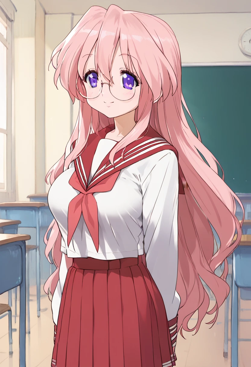 (masterpiece), (Best quality), (Very detailed), (high resolution), (8Khighres), (cel anime), (detailed beautiful face and eyes), (textile shading), (cowboy shot), (classroom), Takara Miyuki, 1girl, solo, long hair, purple eyes, glasses, serafuku, red skirt, red sailor collar, shoes, grey tighhighs, beautiful breasts, walking, smile,,