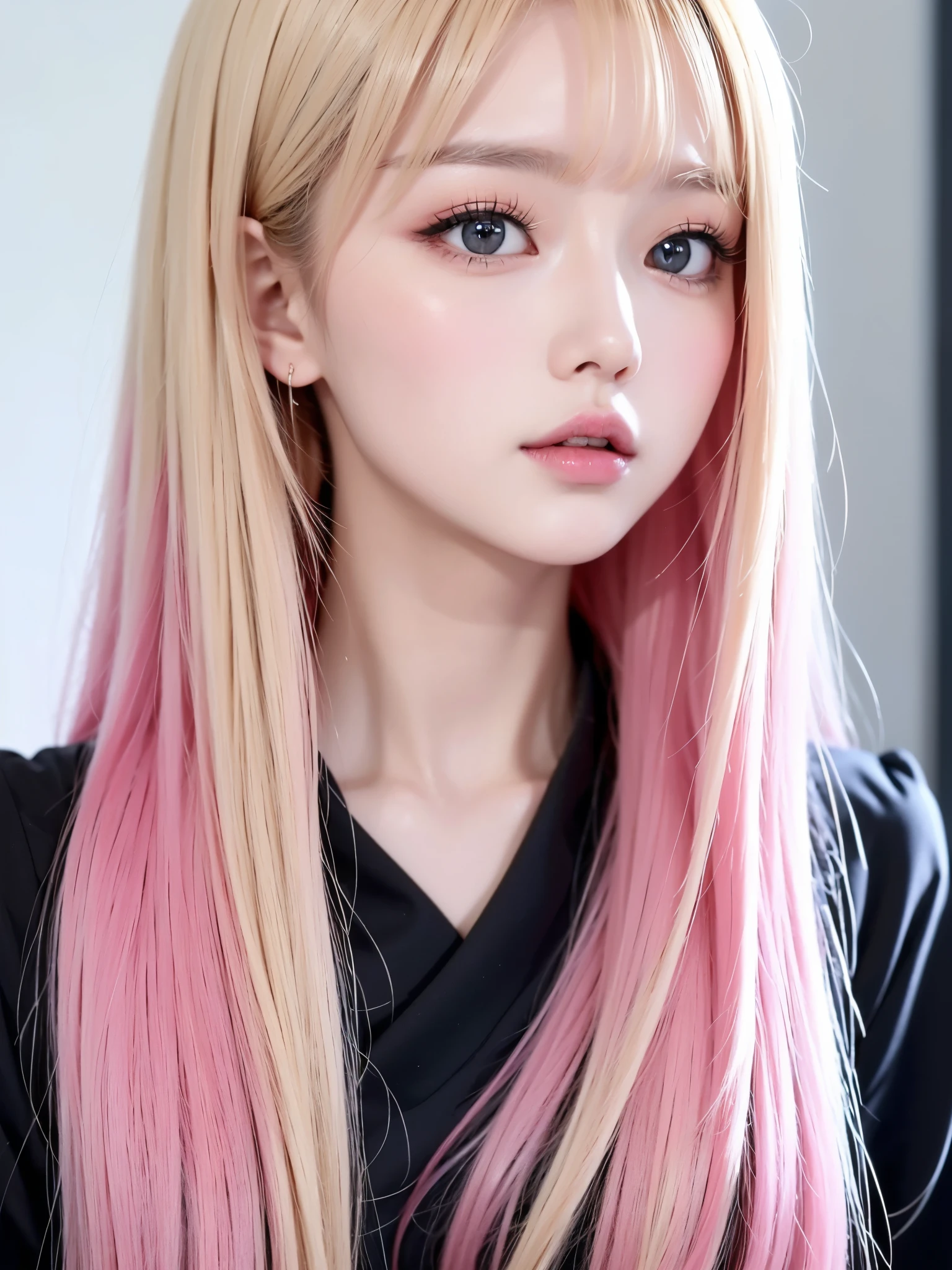 Close-up of a woman with long blonde hair and chalk, Ulzzang, Cruel Korean Goth Girl, She has a fringe of black hair, Korean Girl, Beautiful Korean Women, Cute Korean Face, Young and adorable Korean face, Korean facial features, Beautiful young Korean woman, Jis、Black Pink, Beautiful young Korean woman, Kurohime&#39;s hairstyle, Jinyoung Canela,Full Body Shot,Full Body Shot