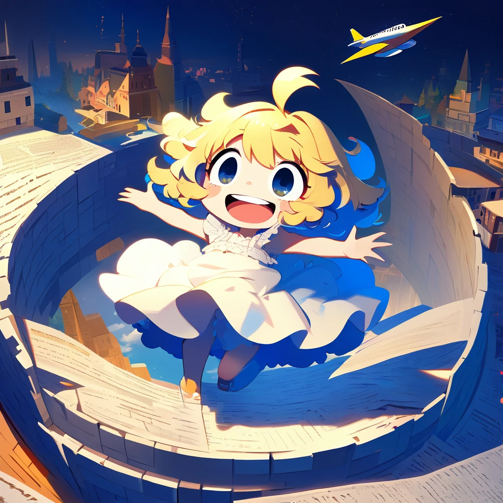 kawaii chibi character, riding a paper plane, traveling the world, laughing out loud with teeth showing, laughing with joy, big droopy eyes, huge mouth, yellow fluffy messy wavy short hair, ahoge, wearing fluffy dress, BREAK background world map, immersive views of tourist spots, fantasy effects, BREAK delicate and dynamic textures, contrasts of light and shadow, 2.5D, digital graphic CG, BREAK ultra detailed, absolutely resolution, best quality