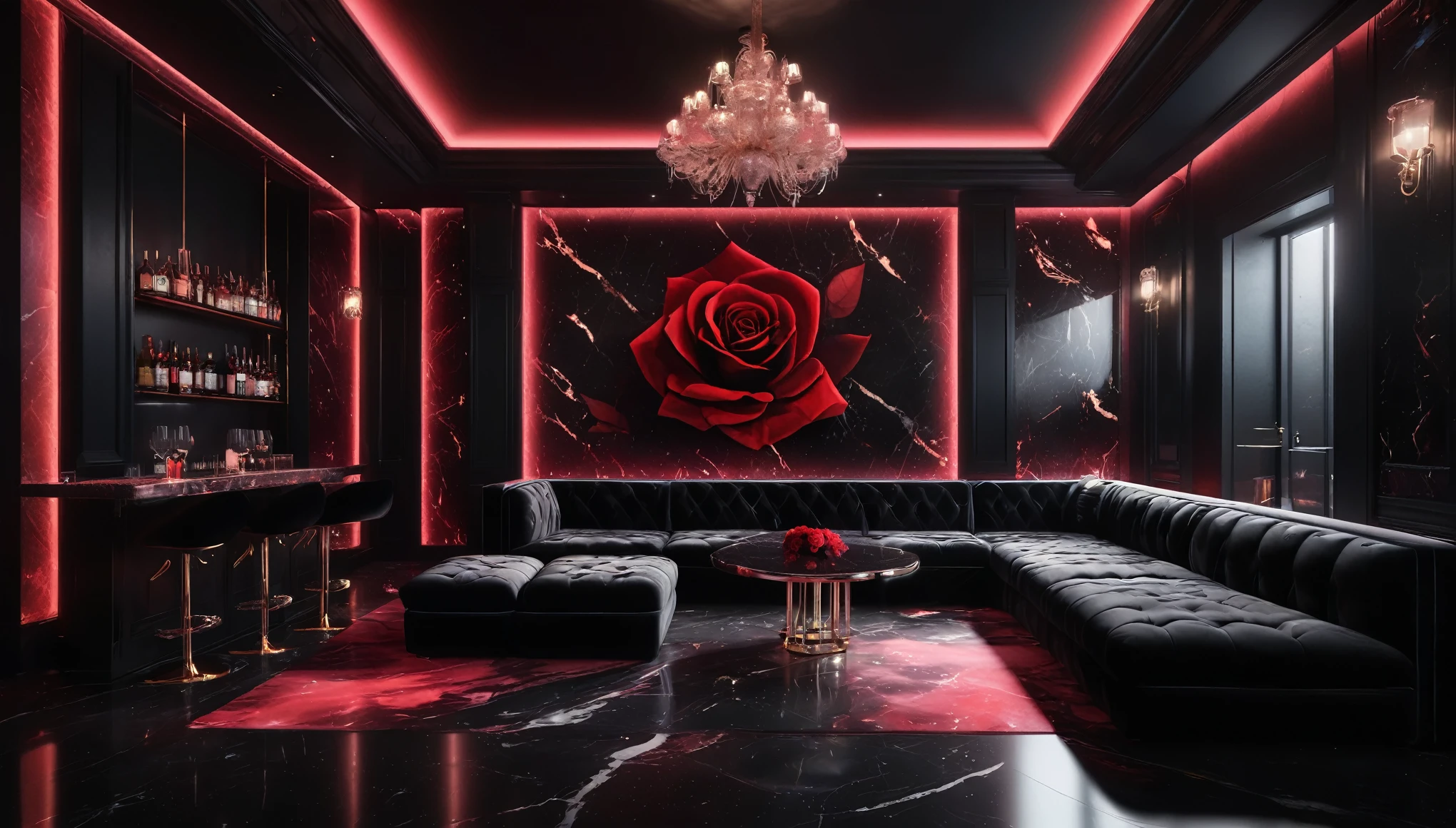 ((Nightclub)), ((Luxury)),　((no windows)), ((Soft red lighting)),
(black velvet box sofa and table,black velvet stools and table,)
(black marble walls, black marble floor,)
Dimly lit room,
Champagne glasses on the table, red rose neon art on the wall,
sparkling atmosphere,
archviz, dark monochrome color palate, heaven lighting,
(cinematic render unreal engine, unreal engine rendered, rendered image, well - lit, upscale)
