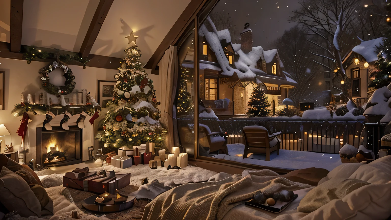 bed room with a fireplace and christmas tree in the corner, christmas night, thomas kinkade. cute cozy room, cozy place, cosy enchanted scene, snowy winter christmas night, cozy home background, highly detailed scene, cozy room, very cozy, cozy environment, cozy and peaceful atmosphere, cozy atmosphere, winter setting, beautiful detailed scene, cozy wallpaper