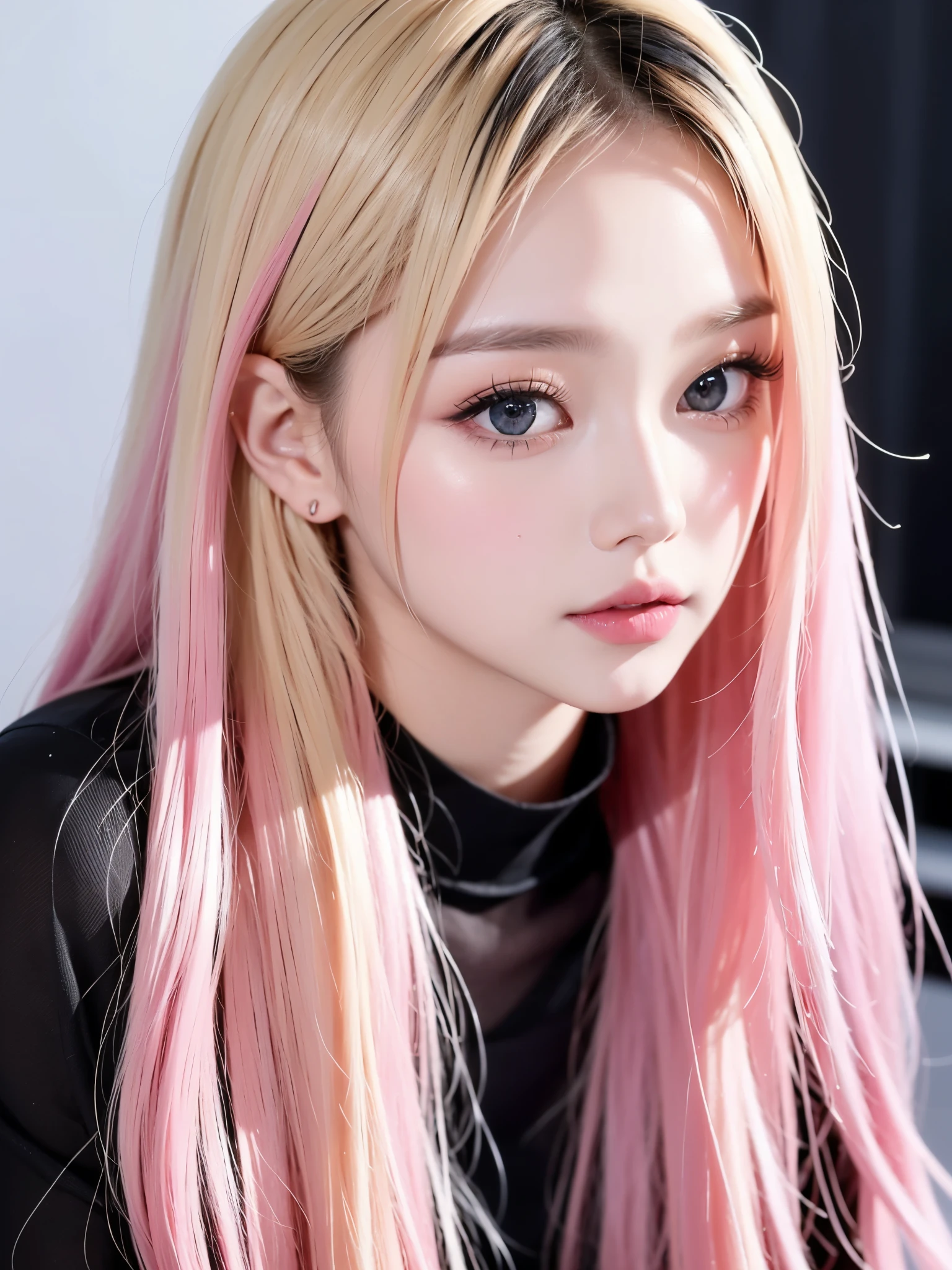 Close-up of a woman with long blonde hair and chalk, Ulzzang, Cruel Korean Goth Girl, She has a fringe of black hair, Korean Girl, Beautiful Korean Women, Cute Korean Face, Young and adorable Korean face, Korean facial features, Beautiful young Korean woman, Jis、Black Pink, Beautiful young Korean woman, Kurohime&#39;s hairstyle, Jinyoung Canela,Full Body Shot,Full Body Shot