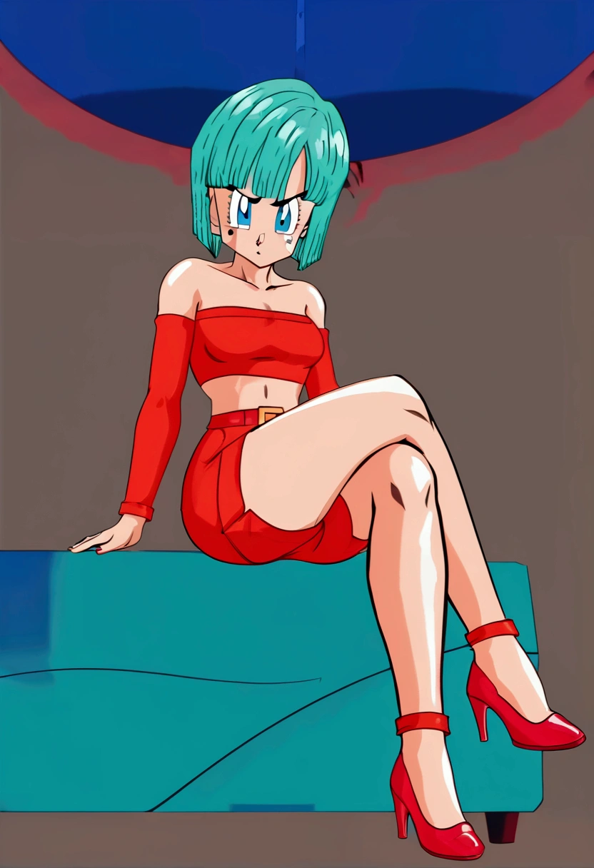 Bulma, Short hair, pelo aguamarina, bob cut. Blue eyes, bare shoulders, strapless, belt, medium chest, pink shirt, Pink mini skirt, sitting on a sofa, full body, bare legs with red heels, crossed legs,serious guy