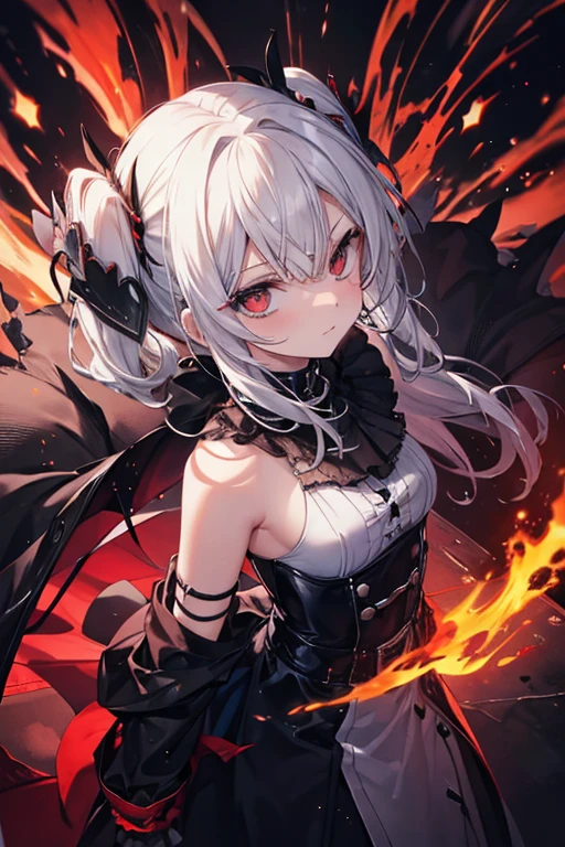 ((Highest quality)), ((masterpiece)), (detailed), a girl, solo, 1girl, masterpiece, fighting stance,from below,Gothic ta, armor,jumping,(torn cloths:1.2), sharp teeth,portrait,purple short hair,red eyes,