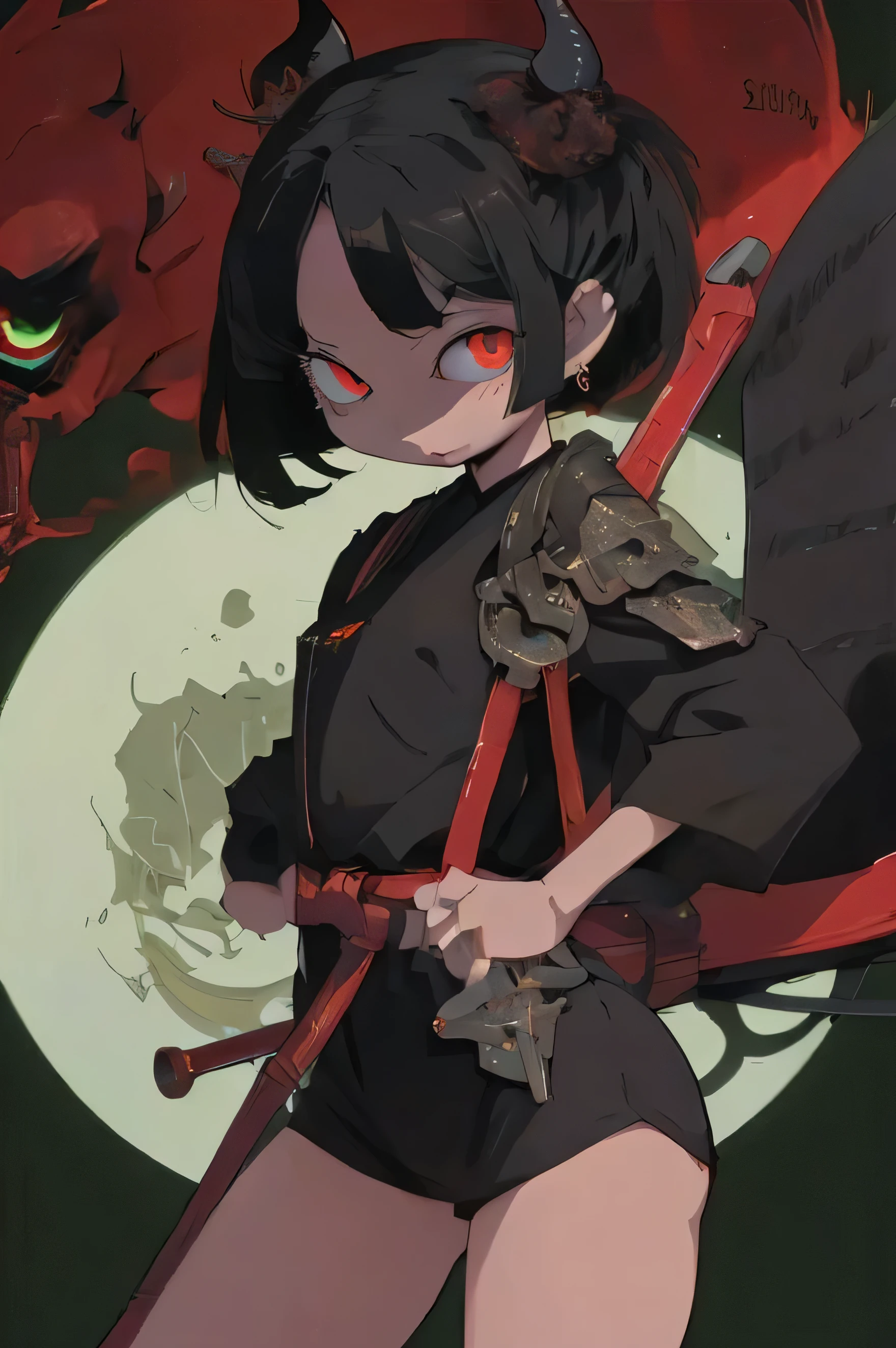 Succubus Demon Girl, glowing red eyes, Short black clothes, short black hair, sexy look