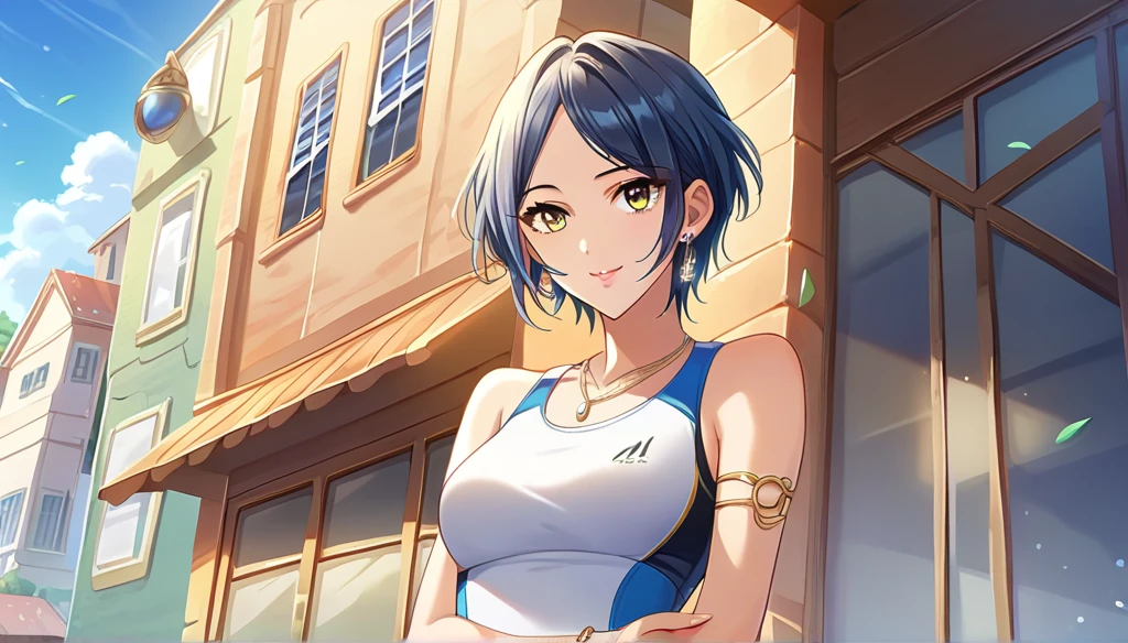 Score_9, Score_8_Excellent, Score_7_Excellent, sauce_anime,
1 person, Beautiful woman, Alone, Fob, day付, View your viewers, smile,   Outdoor, street, building, boutique, Display Window, day, blue sky, day光, 
 Hymns, short hair, Blue Hair, Parted bangs, Medium Chest, Yellow Eyes,Lipstick, Detailed eyes, eyelash, Eyeliner, jewelry, necklace, bracelet, Earrings, (Fits your body,White sportswear,Sleeveless), Spread your arms