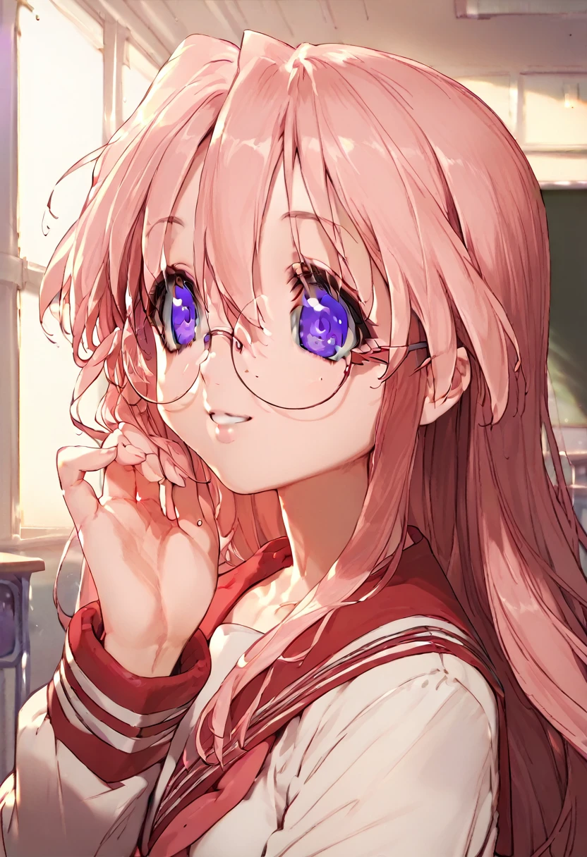 (masterpiece), (Best quality), (Very detailed), (high resolution), (8Khighres), (cel anime), (detailed beautiful face and eyes), (textile shading), (upper body), (classroom), Takara Miyuki, 1girl, solo, long hair, purple eyes, glasses, serafuku, red skirt, red sailor collar, shoes, grey tighhighs, beautiful breasts, smile, hand in own hair,,