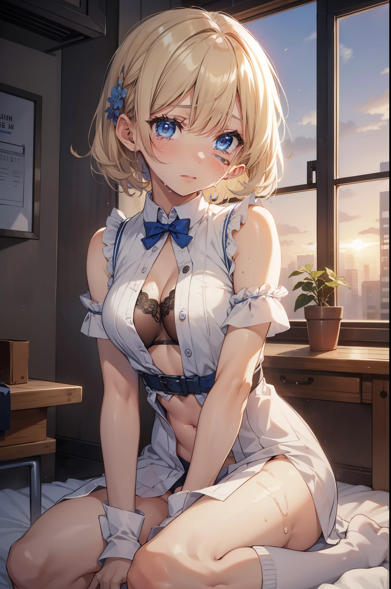 a man is fucking her, insert penis form behind, doggy style, crying, sweating, blue beautiful eyes,
