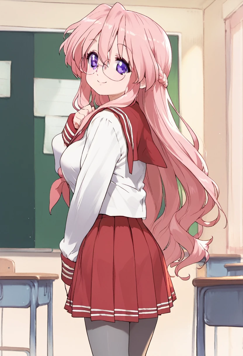 (masterpiece), (Best quality), (Very detailed), (high resolution), (8Khighres), (cel anime), (detailed beautiful face and eyes), (textile shading), (cowboy shot), (classroom), Takara Miyuki, 1girl, solo, long hair, purple eyes, glasses, serafuku, red skirt, red sailor collar, shoes, grey tighhighs, beautiful breasts, walking, smile, looking back, from behind,,