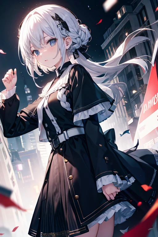 (female\(student, age of 15, JK, short silver floating hair, cosmic colored eyes, black color uniform of school, pale skin, tired face with no shine in the eyes\) is looking up at the sky), (so many goldfish are swimming in the air), beautiful sky, beautiful clouds, summery colorful flowers are blooming here and there, (crystal clear bubbles are shining prism here and there in the sky), there is the noonday moon and noonday stars in the sky, at the narrow back alley of a messy downtown, BREAK ,quality\(8k,wallpaper of extremely detailed CG unit, ​masterpiece,hight resolution,top-quality,top-quality real texture skin,hyper realisitic,increase the resolution,RAW photos,best qualtiy,highly detailed,the wallpaper,cinematic lighting,ray trace,golden ratio\),long shot