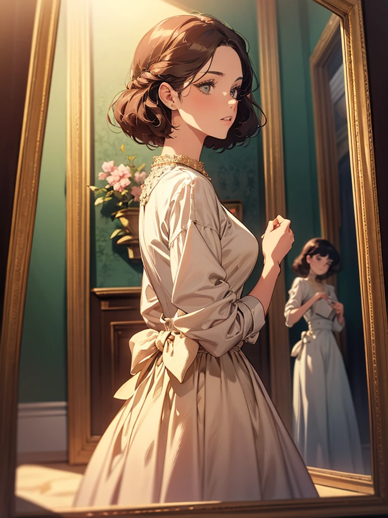 painting of a woman in a white dress standing in a room, dean cornwell style, part dean cornwell style, by Julius Klinger, by Carl Eugen Keel, by Dean Cornwell, alexi zaitsev, interior scene, by Enrique Simonet, inspired by Enrique Simonet, by Eugène Brands, by Rinaldo Cuneo