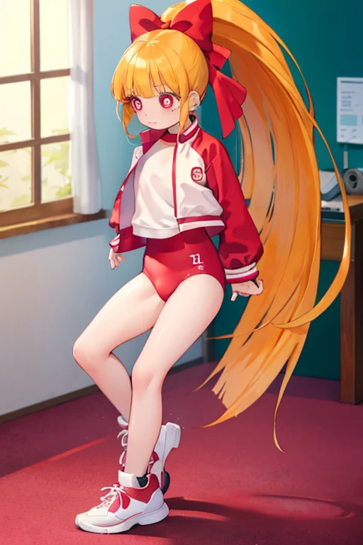 1girl, ppgzmmk, long hair, blonde hair, hair bow, blunt bangs, ponytail, red eyes, bright pupils, gym suit ,sneakers, shy, in room, red leggins, full body (from head to toe)