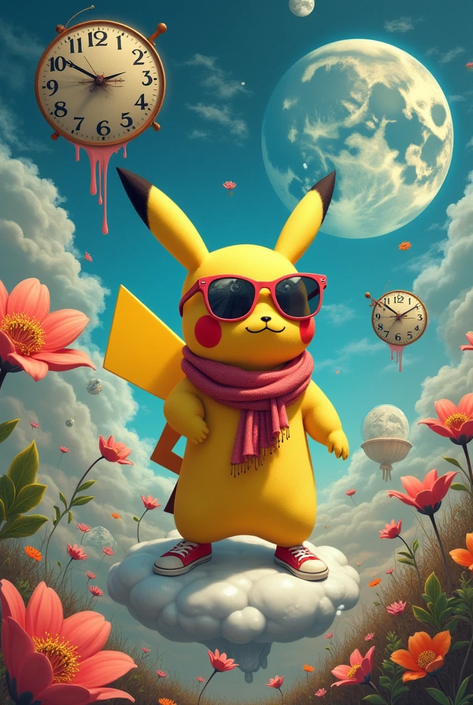 Create a whimsical and stylish Pikachu character, adorned with fashionable accessories like oversized sunglasses, a vibrant scarf, and trendy sneakers. Place this fashionable Pikachu in a surrealistic landscape where the laws of physics bend and twist. Imagine a dreamlike environment filled with floating islands, oversized flowers, and melting clocks, reminiscent of Salvador Dalí's artwork. The sky should be a kaleidoscope of colors, with swirling clouds and a giant moon that casts a soft glow on the scene. Capture the essence of playfulness and creativity as Pikachu interacts with the surreal elements, perhaps lounging on a floating cloud or dancing among the oversized flora. The overall composition should evoke a sense of wonder and imagination, blending the charm of Pikachu with the fantastical elements of surrealism."