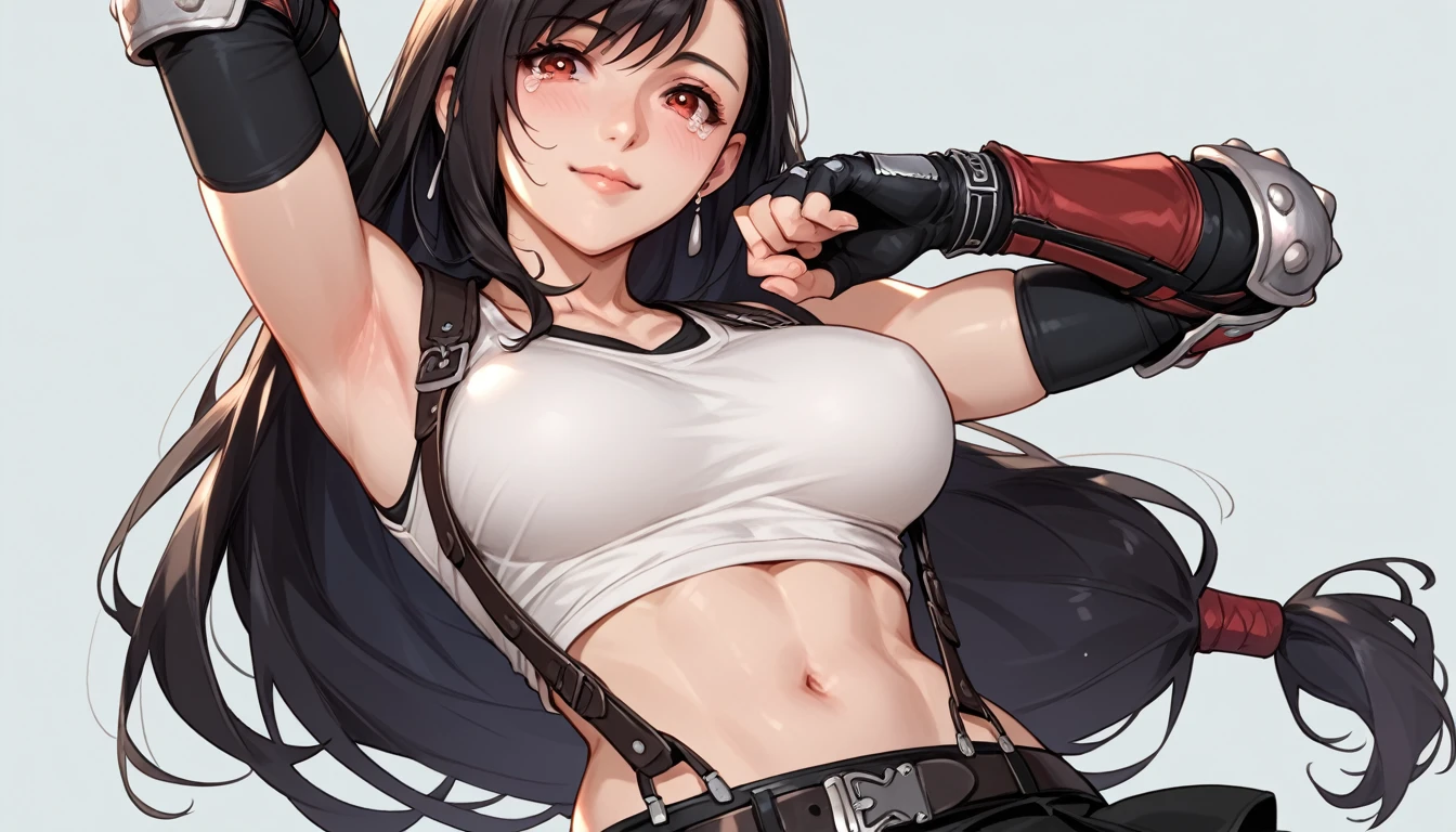 The painting style of the Sixteenth Night of Vegetarianism, (Score_9, Score_8_up, Score_7_up), (Best Quality, masterpiece),perfect aninomy,(Midea,very Midea),Official Style, (Ultra-high resolution), One girl, Tifa Lockhart, Final Fantasy,(Beautiful woman).Tears, Black Hair, Long hair tied low, Red eyes, bangs, White tank top,gap, belt, pleined skirt, thigh high socks, Elbow fingerless gloves, Elbow pads, abdomen, belly button,suspender skirt.Absolute territory ,(Front View),Facing forward,(big_chest:1.2),Alone,Medium Shot,Looking_in_Viewers,Contrapposto, Vibrant, Joy,Cafes and bars, ,Framing,(,Tank Top Lift),汗in濡れた,Showing off your armpits,クローズup, 