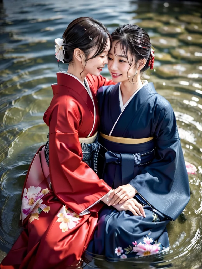 Realistic, long-sleeved kimono, hakama, long hakama, floral kimono, wet clothes, soaking wet clothes, wet and shiny clothes, clothes with a wet texture, clothes clinging to the body, woman submerged in a river, hakama submerged in a river, woman submerged in water, hakama submerged in water, women embracing each other