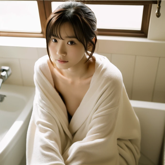 (masterpiece),(4K),(detailed photo),(high quality photo),A portrait of a Japanese idol female,teenager,no makeup ,in a minimalist setting, sitting on a toilet,wearing loose-fitting bathrobe on naked body , legs crossed, large format film, soft atmosphere、(((小さい胸)))、(((平らな胸))),a glance of nipple 、(((肩を出します))) 、肩が見えるまでバスローブを脱ぎます,short hair,open mouth,close to viewer 、おじさん見たいの？、おじさんに見せてあげるね❤️