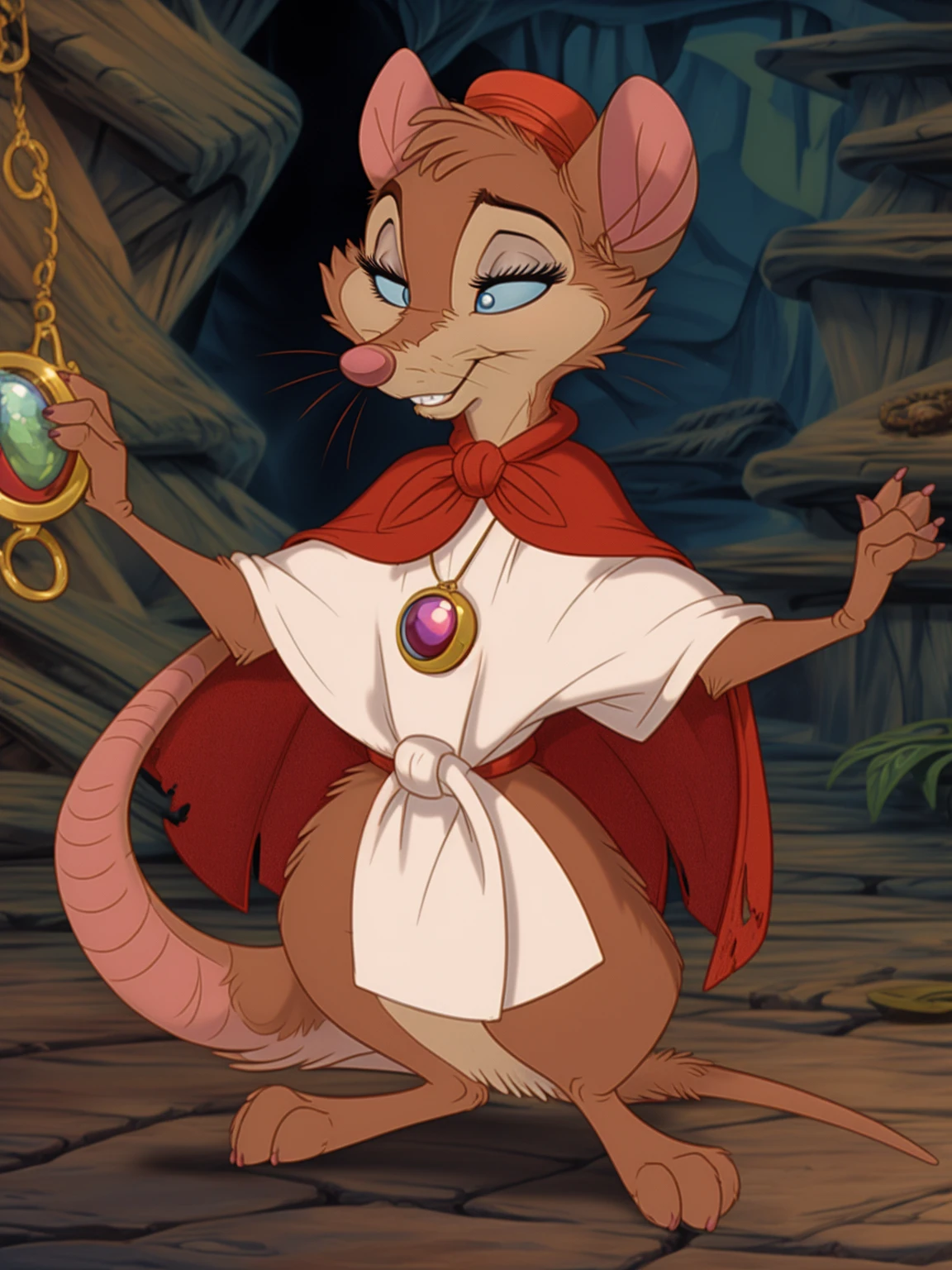 Best quality, Super detailed illustration, cartoon illustration, ultra high 4k quality, ((masterpiece, best quality)) Original, upscale, detailed eyes, 
mrs brisby, semi-anthro, furry female, portrait, necklace, amulet, solo, standing, (body fur:1.3), (best quality:1.1), looking at viewer, (macro nature background:1.2),  soft lighting, (detailed fluffy fur), smile, tail, closed mouth, cape only,
by Don Bluth, by Don Bluth, Brisby, Brisby, anthro rat, large mouse ears, mouse whiskers, rat, dark orange fur, male, solo, one character, furry character, furry male. blue eyes, white shirt, top hat, orange fur. fluffy fur, big mouse tail, serious face, only one tail, dark background, no hair, long goatee