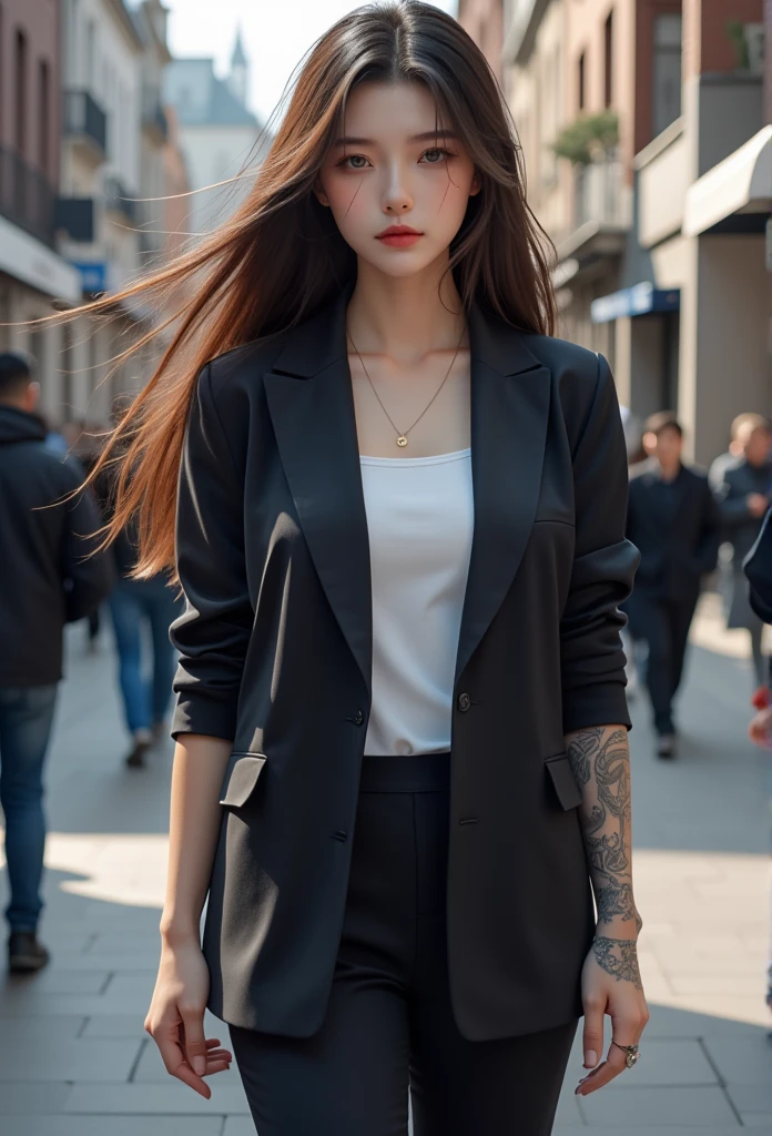 A photorealistic image of a woman, long hair, tattoo,business suit,half sleeves, outdoor,qqmix