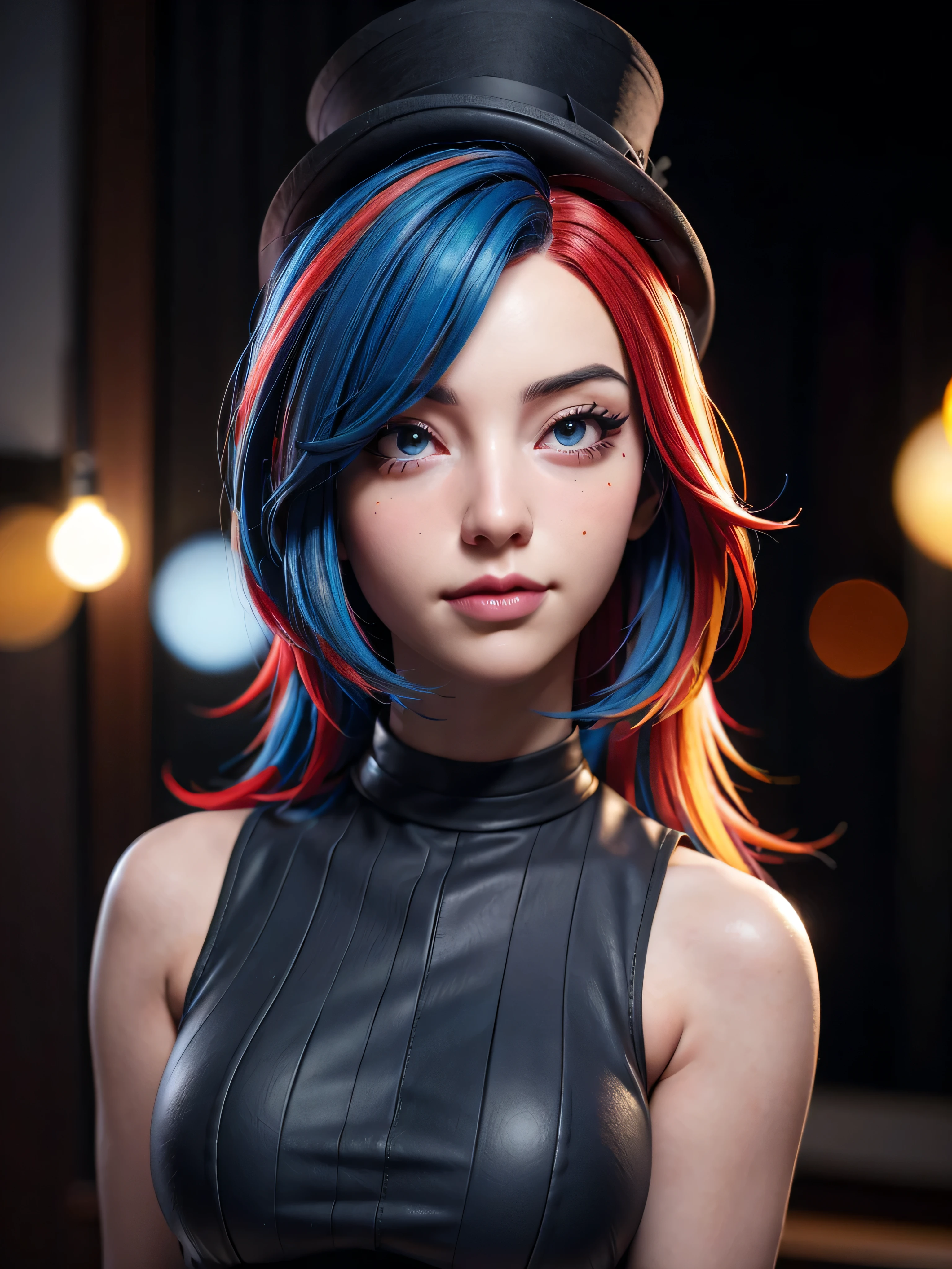 a girl with dark blue lips, egirlmakeup, half-color hair with red and yellow hair, black top hat, (best quality,4k,8k,highres,masterpiece:1.2),ultra-detailed,(realistic,photorealistic,photo-realistic:1.37),HDR,UHD,studio lighting,ultra-fine painting,sharp focus,physically-based rendering,extreme detail description,professional,vivid colors,bokeh,portrait