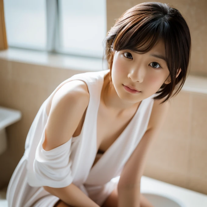 (masterpiece),(4K),(detailed photo),(high quality photo),A portrait of a Japanese idol female,teenager,no makeup ,in a minimalist setting, sitting on a toilet,wearing loose-fitting bathrobe on naked body , legs crossed, large format film, soft atmosphere、(((小さい胸)))、(((平らな胸))),a glance of nipple 、(((肩を出します))) 、肩が見えるまでバスローブを脱ぎます,short hair,open mouth,close to viewer 、おじさんに見せて欲しい、なんでもするから見せて欲しい