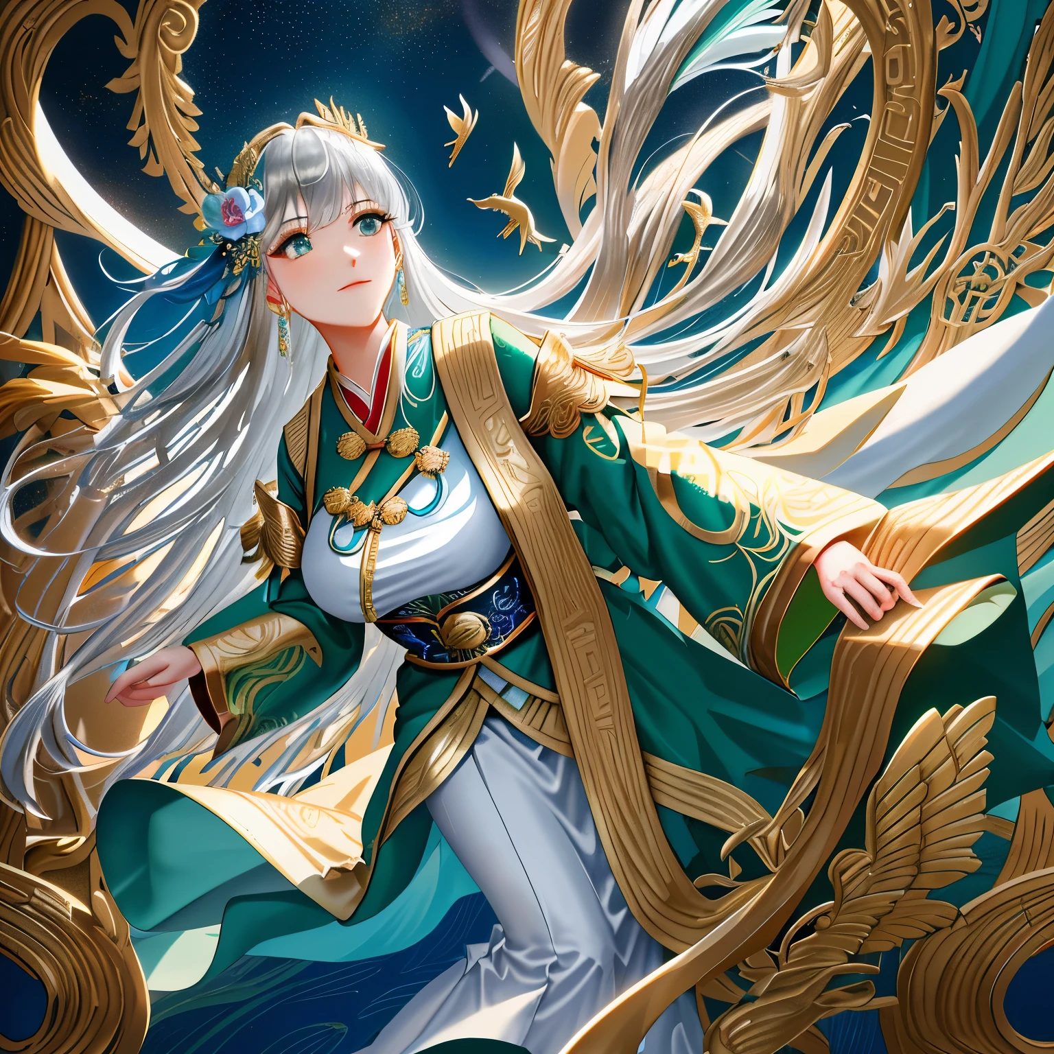 ***************((((stylish, Dynamic Lighting, Art Station, Poster, Volumetric lighting, Highly detailed face, 8K wallpaper, 1. Gold-blue-green long-haired girl, Red fringe hair accessory, Peony flower hair ornament, Dynamic Perspective, Chinese style, Gold and green hanfu, Red Belt, Ribbon Flying, lure, sexy, Traditional Chinese Ink Painting, Surrounded by gold blue green clouds, Surrounded by gold blue green clouds, Tamed Gold Blue Green Chinese Dragon, 龍の頭が女の子と同じdirection向を見る, Dragon Horn Gold Blue Green, Dynamic Perspective, Cinema Lighting))))***************1:4.2. Theme：It will change your life to happiness、祝福と加護してくれるdirection(direction々)
Repair and improvement of all defects of mind and body（Fixed to Japanese：Repairing and improving all kinds of physical and mental defects）1:1.6
*********((((Important Accessories: Gold and silver dolphin-shaped accessories))))*********1:3.0 Movement: The character is depicted in a graceful, flowing motion, as if they are gently gliding through the air. Their wings are slightly spread, creating a sense of lightness and freedom. The movement should convey a sense of serenity and calm, as if they are bringing peace and blessings wherever they go. 1:2.9 Background: The background is a celestial scene with soft, glowing clouds and a radiant light source behind the character, symbolizing divine presence. There are hints of a heavenly landscape with golden and silver accents, adding to the ethereal atmosphere. The background should enhance the feeling of divine protection and blessing. 1:2.9. Costumes: The character is dressed in a flowing, elegant gown made of shimmering fabric that catches the light beautifully. The gown is adorned with intricate patterns of gold and silver, symbolizing wealth and prosperity. The design should be both regal and ethereal, with a mix of traditional and modern elements. The gown flows gracefully with the character's movements, adding to the overall sense of elegance and divinity. 1:2.9
Wings: (((Symmetrical angel wings extending from the back. They are a mix of gold, blue, and green.))))1:2.3
Face: The character's face is a profile view with sharp eyes and detailed contours. The pale skin enhances the gothic atmosphere.))))1:2.3 
Color: - Gold (Main 1): The primary color is a rich, luxurious gold, symbolizing wealth, prosperity, an