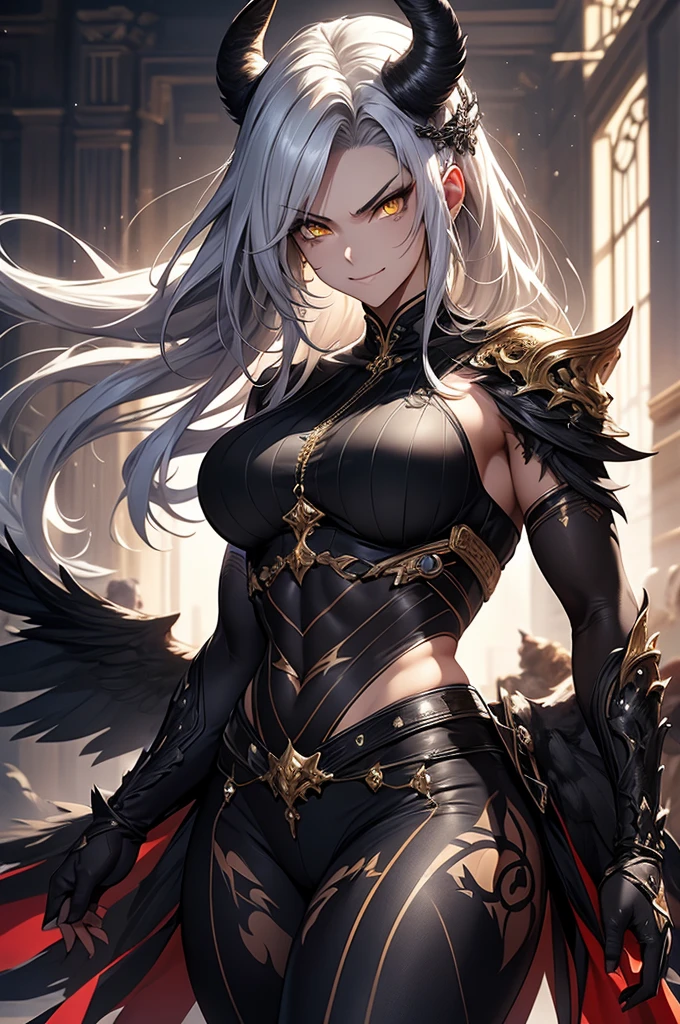 masterpiece,best quality,extremely detailed CG,ultra-detailed,beautiful detailed eyes,1girl,beast girl,muscular,abs,curvy,fang,angry smile,black bodypaint,white hair,yellow eyes,long crow,