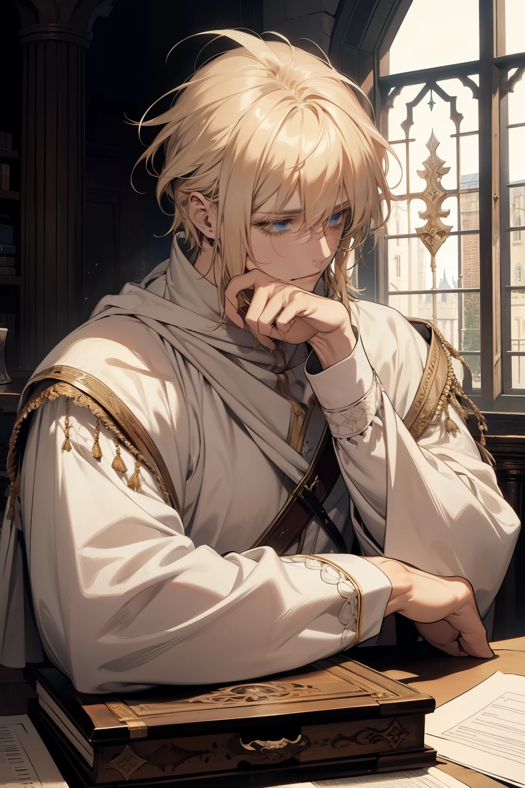 1 man, AS-Adult, Messy Blonde Hair and Bangs, Principle, white clothes, beautiful, dispassionate, The beautiful, Condescending, weight loss, in a castle, medieval fantasy