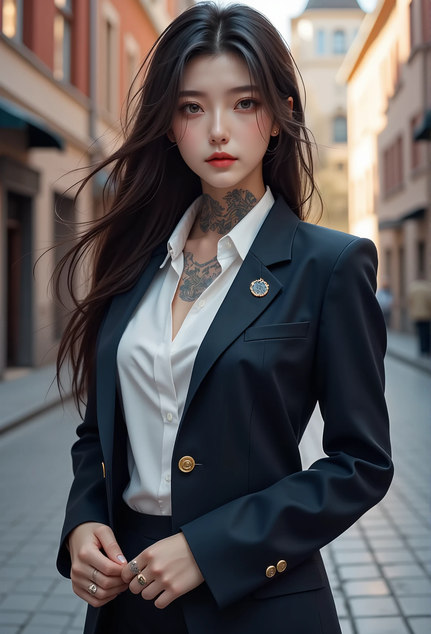 A photorealistic image of a woman, long hair, tattoo,business suit,half sleeves, outdoor,qqmix