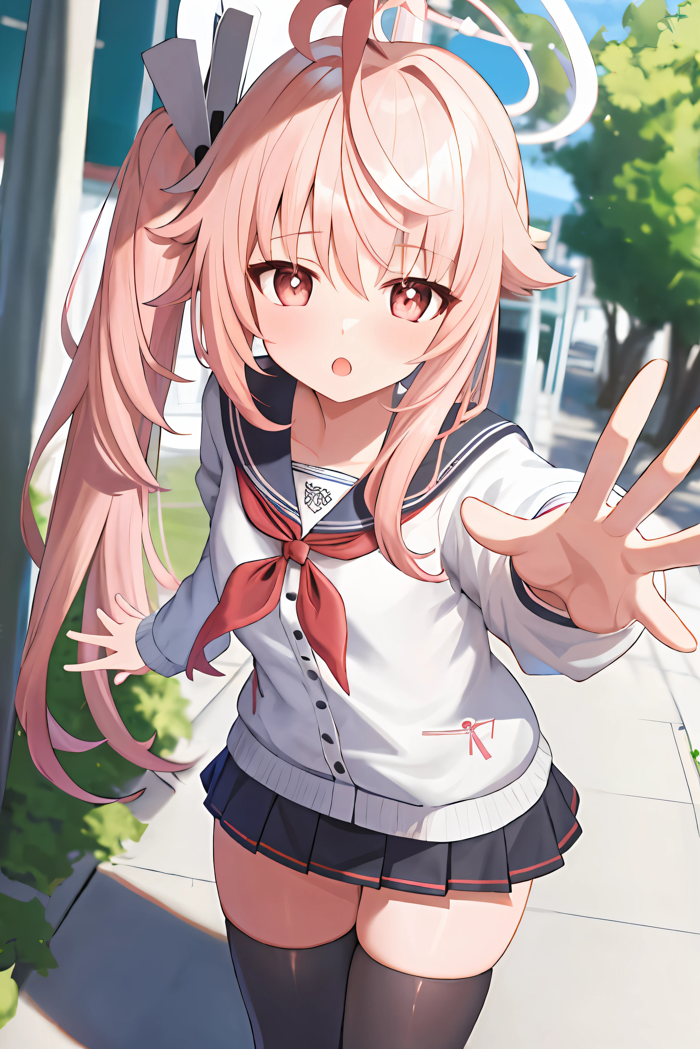 One girl, summer,Pink Hair, halo, Ahoge,Side Ponytail, Long Hair,Ahoge,hair ornament,
Long Hair,Long sleeve,Sailor collar,School uniform,Seraph,skirt,thigh high socks,black thigh high socks,Red neckerchief,
(Dynamic pose,:1.3),from above,