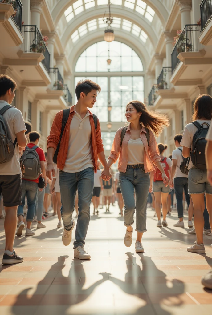 Romantic style,Running couple,Two of them are students,,woman pulling man&#39;Hand,Smiling woman,,Two people running in the corridor,Many people,Emphasize this couple&#39;s masterpiece,Best quality,Beautiful,8K,absurd,Ultra-detailed illustrations,(Watch the audience)