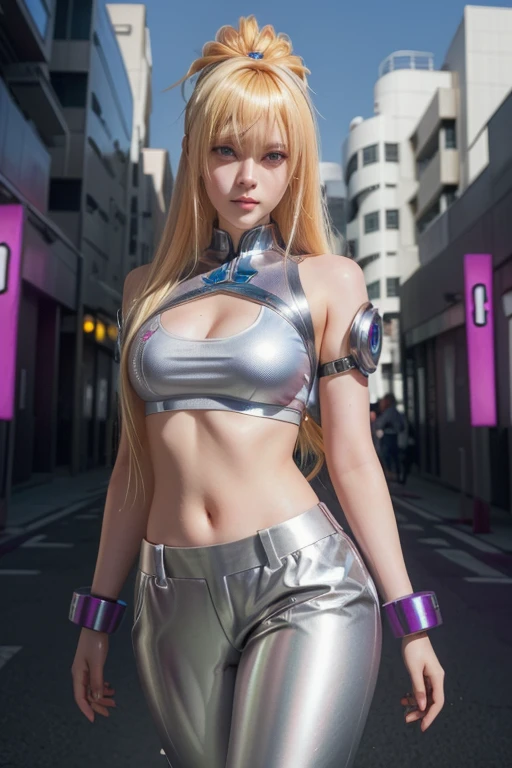 Phenex Blonde Hair, blue eyes, two tails, perforated hair, hair scrunchie, dressed in a silver top and silver pants posing for a photo, Anime girl cosplay, trending on cgstation, Ross Tran 8K, Anime girl in real life, trending on cgstation, seductive anime girl, chica anime cyberpunk, [ trending on CGsociety ]!!, cyberpunk beautiful girl, Hyperrealistic anime, female chica anime cyberpunk