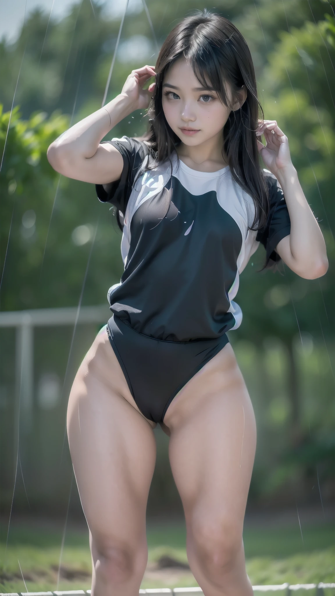 最high quality、high quality、Best image quality、、最High resolution、High resolution、masterpiece、Detailed and realistic human body、Detailed and realistic skin、Realistic face in every detail、Realistic reproduction of every detail、Detailed and realistic lips、Detailed and realistic teeth、Detailed and realistic ears、Detailed and realistic hair、Detailed and realistic weapons、Realistic reproduction of every detail、Realistic fingers in every detail、(Beautiful Hands、thumb１reference４)、Realistic feet down to the last detail、((Beautiful Japanese Girl))、(Japanese Model)、((Cute Japanese Girl))、((Beautiful 1 girl))、(Black Hair)、(Straight hair)、(Random Hairstyles)、((Full body video))、((Flat Chest、Small breasts))、(Slim and perfect figure)、(Glossy skin all over、Fair skin)、((School gym clothes))、((Gym clothes similar to volleyball uniforms))、 Cold stormy weather))、((Pouring rain))、((In the Storm))、((School Playground))、((Pouring rainの中(A girl standing in the center of the schoolyard))、((Pouring rainを浴びて(Soaked skin from head to toe))、((Rain dripping from the skin)), PERSEPHONE, PERSÉFONE, Perséfone, (:1.5),  (full body:1.8), (upper body up:0.3), (hyper realistic:1.4), (realistic:1.3), (best quality real texture skin), Detailed eyes, detailed face,