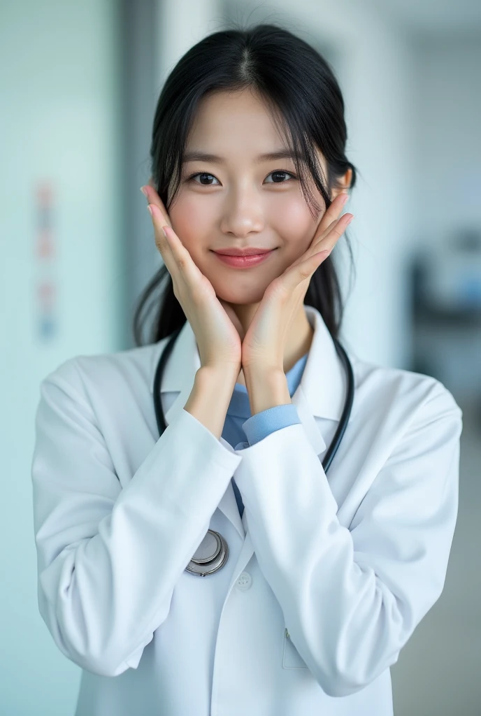  Full body shot of a smiling Japanese female doctor with hands raised doing the floweringface pose. Her beautiful, detailed features are framed by her hair and the playful expression enhanced by her facial touch. She has a slim hourglass figure, narrow waist, and medium breasts. Her black hair is styled to perfection, complementing her pale skin and fair complexion. The private modern hospital room provides a clean and serene backdrop for this photorealistic image.