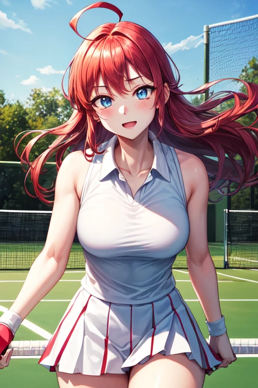 High resolution, masterpiece, 最High image quality, High resolutionモデル, High image quality, 超High resolution, Textured skin, Redhead, Long Hair, Ahoge, Large Breasts, blue eyes, High resolution、Animation Style、girl、Tennis court、White tennis uniform