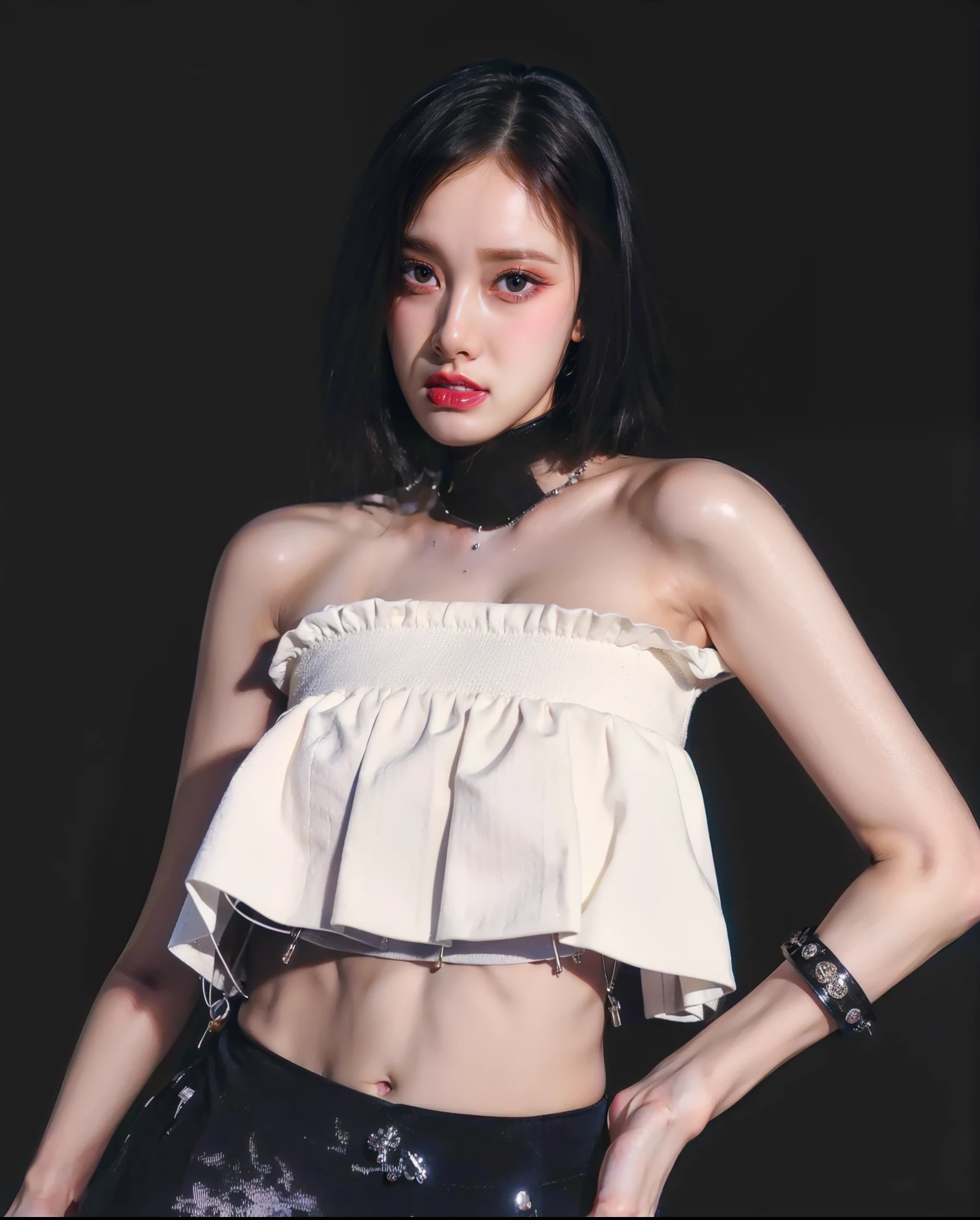 (41k4:0.6), (aika-sawaguchi:0.5), masterpiece, Best Quality, 8K, Raw photo, top-notch quality, masterpiece, (wearing white crop top:1.7), (wearing black pleated skirt:1.4), (exceptionally detailed RAW color photo, professional-grade photograph), (facing viewer:1.5), (bondage:1.4), (shackled:2.2), (tied with chains:1.7), (slave:1.5), (wearing slave collar:1.3), (looking at viewer:1.4), (Realistic, Photorealistic:1.37), (highly detailed skin:1.2), Ultra-high resolution, (lens 50mm), (masterpiece, top-quality:1.3), (hyper realistic:1.35), (Photorealistic:1.45), (Realistic:1.4), ((solo)), (1 pretty Japanese girl), 21 years old, Japanese idol, supermodel, pale skin, (slim:1.3), (slim body:1.25), (slender body:1.25), (narrow waist:1.35), pretty face, (large breasts:1.15), (deep cleavage:1.4)