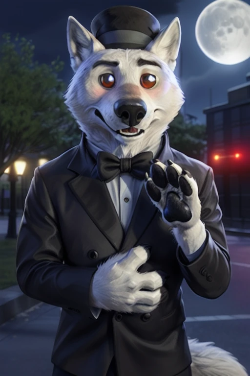 Gary \(Zootopia\), (white body:1.4), White fur, Zootopia, canine, wolf, deTailed fur, Male, antro, paw pads, finger claws, 5 fingers, paws, 4 toes, night, full moon, Tail, red, suit, Black bow tie, wedding,\(suit\), wearing a black bowler hat with a red robotic eye in his frontal part, Brown eyes, inexpresive face, I look at the viewer, FRACTURE by bruteandbrawn, for dating, from Kenketa, (difficult, high deTail, film photography, soft focus, RAW explicit cinema, photorealism, realistic, photorealistic, analog style, subsurface scattering, masterpiece, Best quality, ultra realistic, 8 K)