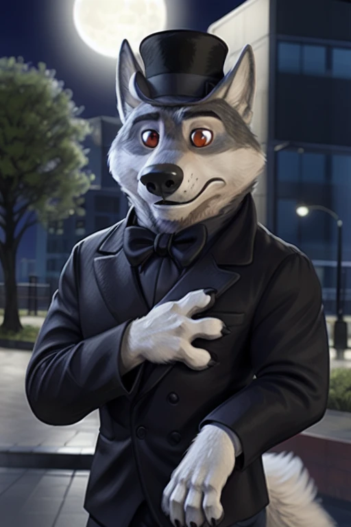 Gary \(Zootopia\), (white body:1.4), White fur, Zootopia, canine, wolf, deTailed fur, Male, antro, paw pads, finger claws, 5 fingers, paws, 4 toes, night, full moon, Tail, red, suit, Black bow tie, wedding,\(suit\), wearing a black bowler hat with a red robotic eye in his frontal part, Brown eyes, inexpresive face, I look at the viewer, FRACTURE by bruteandbrawn, for dating, from Kenketa, (difficult, high deTail, film photography, soft focus, RAW explicit cinema, photorealism, realistic, photorealistic, analog style, subsurface scattering, masterpiece, Best quality, ultra realistic, 8 K)