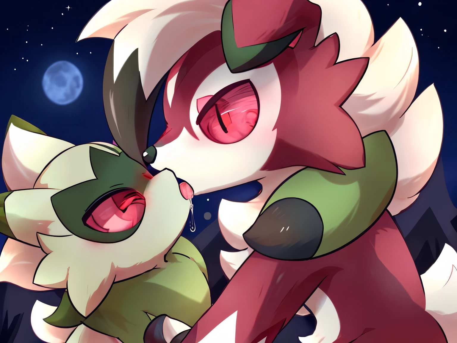 by:nakimayo ,(floragato and midnight lycanroc:1.5) ,Frontal，saliva on tongue,french kissing，(red eyes: 1.5)， Furry Pokémon,
