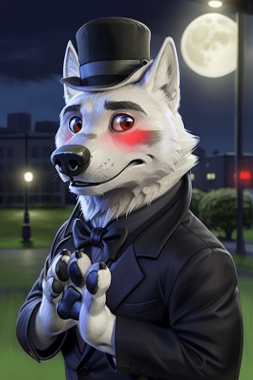 Gary \(Zootopia\), (white body:1.4), White fur, Zootopia, canine, wolf, deTailed fur, Male, antro, paw pads, finger claws, 5 fingers, paws, 4 toes, night, full moon, Tail, red, suit, Black bow tie, wedding,\(suit\), wearing a Dor-15 black bowler hat with a red robotic eye in his frontal part, Brown eyes, inexpresive face, I look at the viewer, FRACTURE by bruteandbrawn, for dating, from Kenketa, (difficult, high deTail, film photography, soft focus, RAW explicit cinema, photorealism, realistic, photorealistic, analog style, subsurface scattering, masterpiece, Best quality, ultra realistic, 8 K)