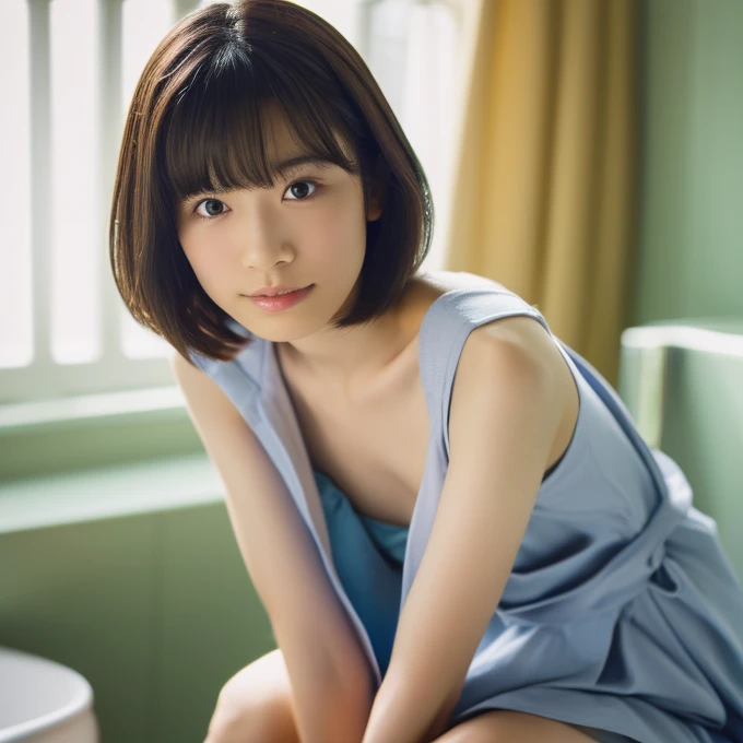 (masterpiece),(4K),(detailed photo),(high quality photo),A portrait of a Japanese idol female,teenager,no makeup ,in a minimalist setting, sitting on a toilet,wearing loose-fitting bathrobe on naked body , legs crossed, large format film, soft atmosphere、(((小さい胸)))、(((平らな胸))),short hair,open mouth,close to viewer 、おじさんに見せて欲しい、なんでもするから見せて欲しい、おじさんのをシテ欲しい、good hand job