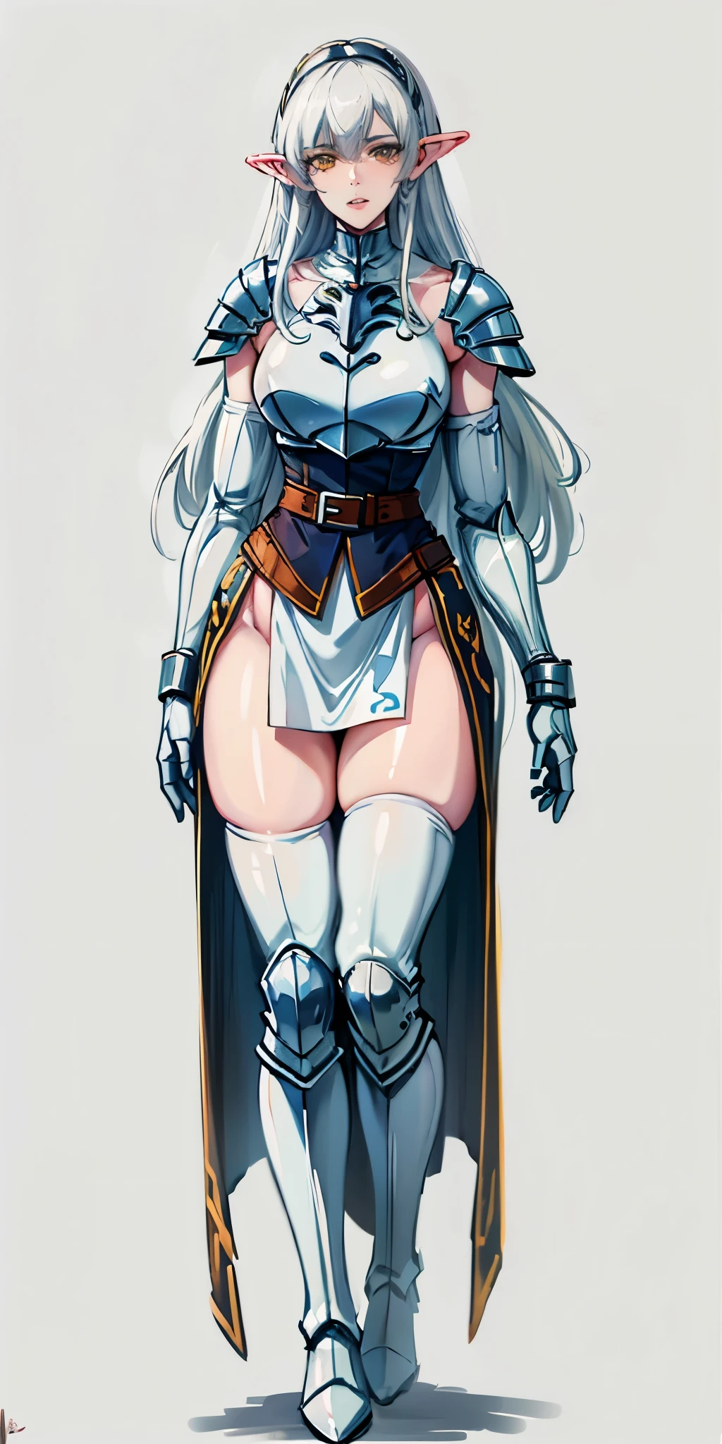 masterpiece, best quality, high quality, white SKIN elf, long hair, white hair, yellow eyes, full body, def_effie, blue breastplate, white skin, looking at viewer, shiny, armor, thigh highs, high boots, shoulder armor, faulds, poleyn, gloves, gauntlets