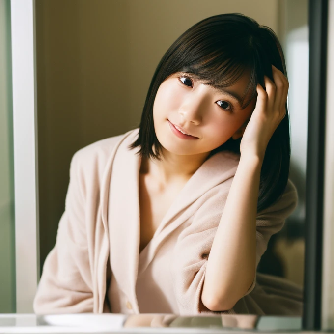 (masterpiece),(4K),(detailed photo),(high quality photo),A portrait of a Japanese idol female,teenager,no makeup ,in a minimalist setting, sitting on a toilet,wearing loose-fitting bathrobe on naked body , legs crossed, large format film, soft atmosphere、(((小さい胸)))、(((平らな胸))),short hair,open mouth,close to viewer 、おじさんに見せて欲しい、なんでもするから見せて欲しい、おじさんのをシテ欲しい、good hand job,shaking 