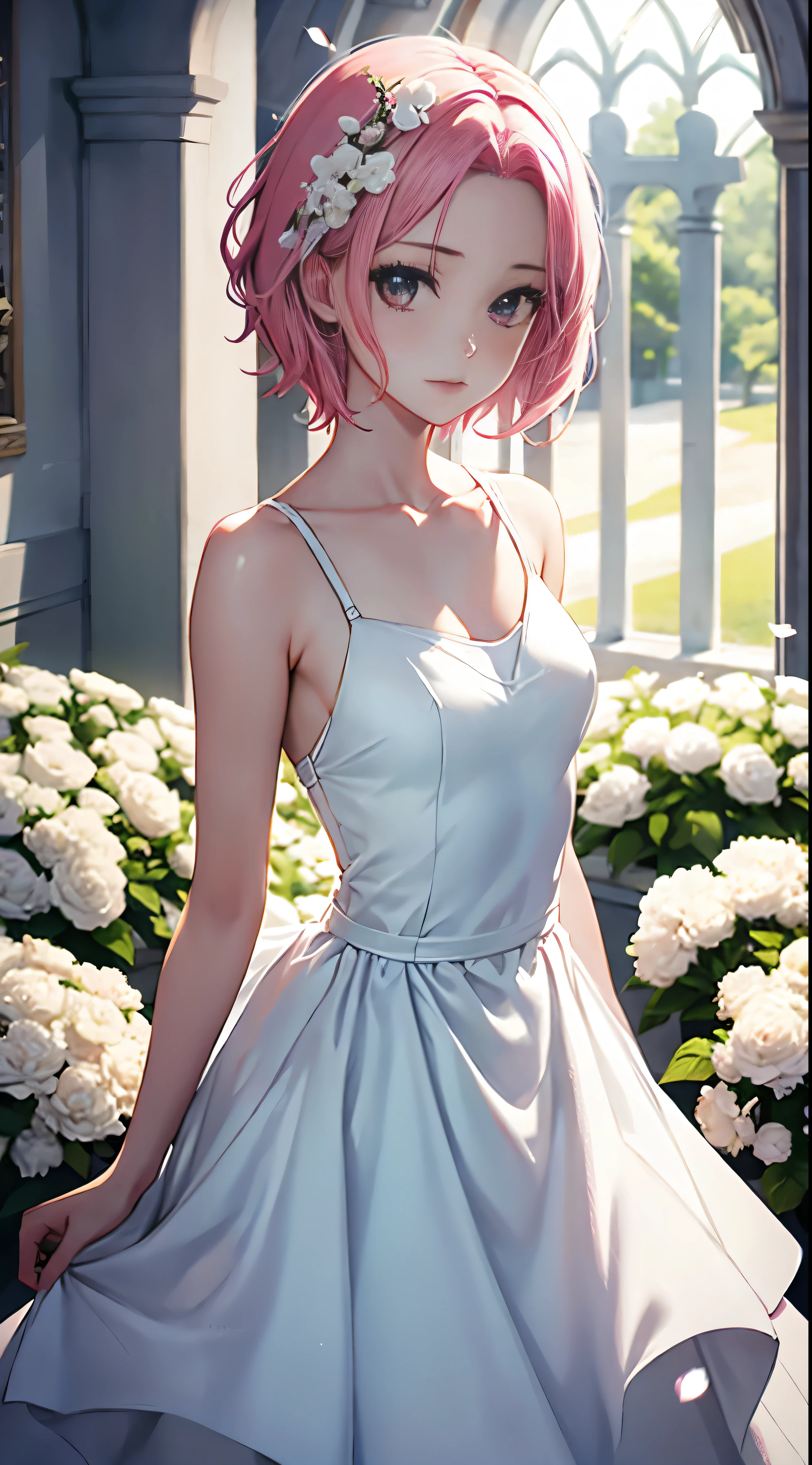 Haruno Sakura, ((Alone)), Alone, bride, Queen, happy,Pure white wedding dress ((Facial details)), standing, Entering the Church, Pink Hair, short hair, delicate, young, short hair, Detailed face, High image quality, ((whole body)), (Flowers around her), whole body, she is a beautiful woman getting married, High quality face, beautiful, Shine