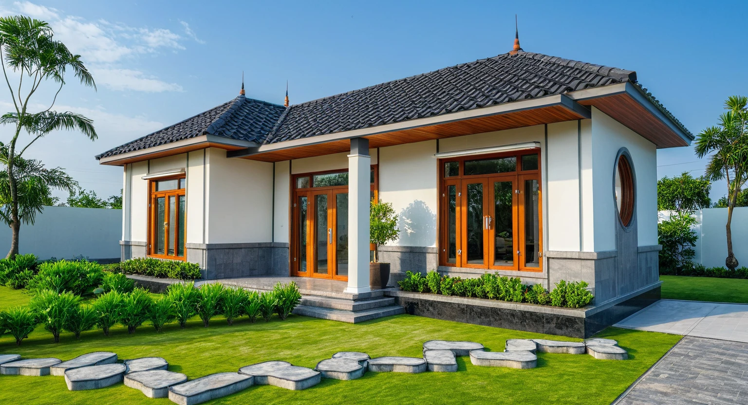 masterpiece, best quality, exterior design, single 1 storie modern house on the Vietnam village, flower garden, modern dark tiled granite and white walls facade, wooden ceiling, large glass, minimalist modern style, green shrubs and tropical tree background, natural light, clear sky morning background, large door and windows,