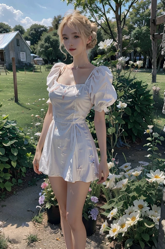 Full length of a white blonde woman with blonde messy bun. she is standing in a field of flowers. it is spring. everything blooms. in the background is a farm. The woman has a beautiful toned and tight body. she has a bright smile the picture is realistisch, detailed. Very high resolution. 8k-Rendering, Die Sonne scheint, Es ist Mittag. Die Szene ist perfekt scharfgestellt und ausgeleuchtet. realistisch, filmisch