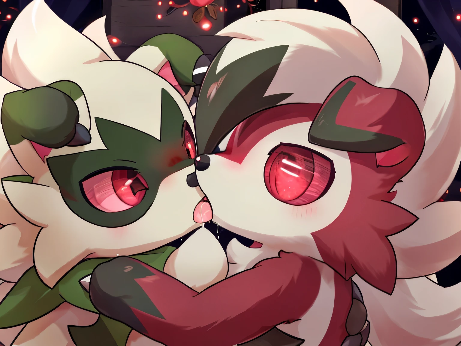 by:nakimayo ,(floragato and midnight lycanroc:1.5) ,Frontal，saliva on tongue,french kissing，(red eyes: 1.5)， Furry Pokémon,
